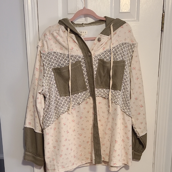 POL Floral Patchwork Distressed Drawstring Hoodie